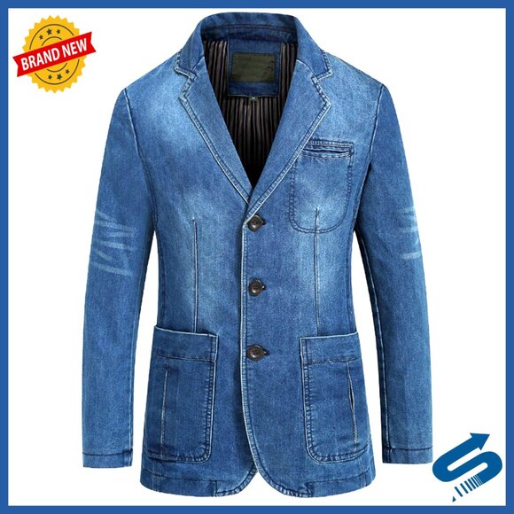 Men's Distressed Denim Blazer Slim Fit Long Sleeve Casual Jacket